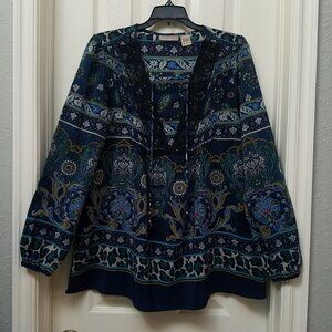 ART and SOUL Paisley Floral Boho Peasant Lace Pintuck Tie Neck Womens Small